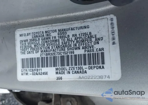 2003 Toyota Corolla Ce из США, поврежденный, VIN 2T1BR32E73C152196